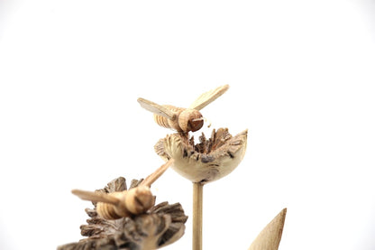 Wood Carving 2 Bees Tulips with Seaweeds Figurine