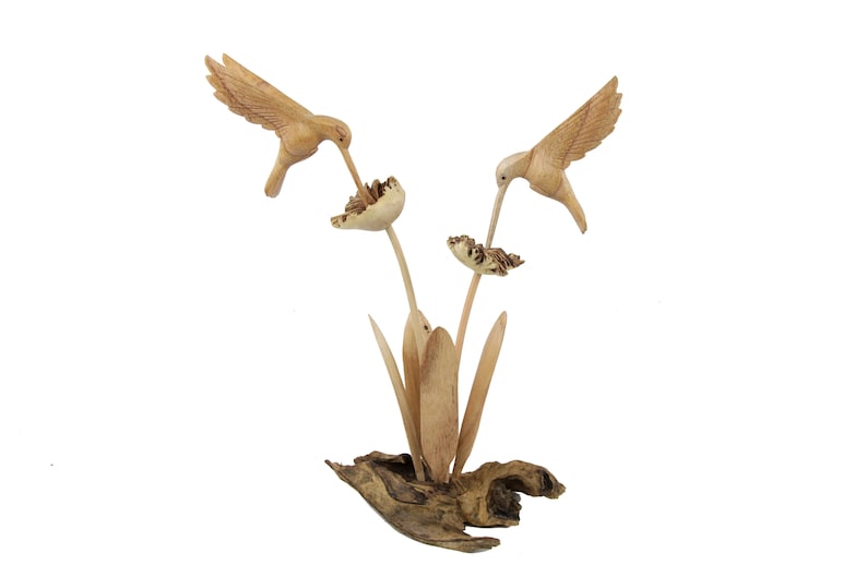 Couple Hummingbird Wooden Sculpture on Flower