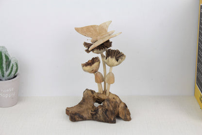 Butterfly On Mushroom, Insect, Animal Figurine, Handcraft, Wood Carving, Sculpture, Home Decor, Burl Wood, Handmade Deco for Gift Mother Day