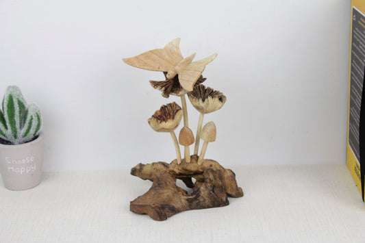 Butterfly On Mushroom, Insect, Animal Figurine, Handcraft, Wood Carving, Sculpture, Home Decor, Burl Wood, Handmade Deco for Gift Mother Day