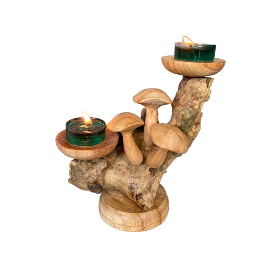 Handcrafted Wooden Candle Holder with Wooden Mushrooms for Decoration | Height 17cm, Candle Mushroom Wall Hanging, Birthday, Handmade Gift