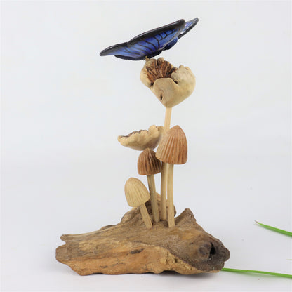 Blue Butterfly Art, Mushroom, Personalized Gift, Wood Carving, Animal, Painted statue, Insect, Home Deco, Handmade Gift, Mother's Day Gift