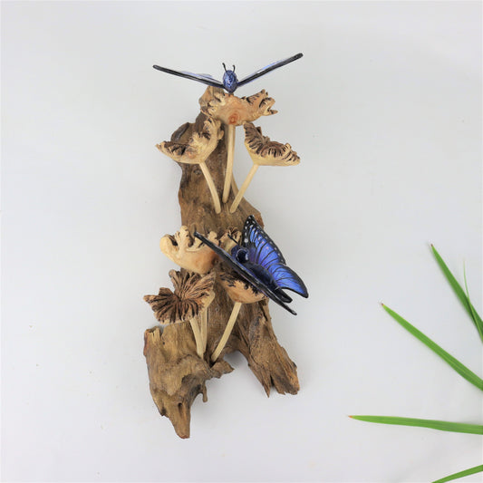 Blue Butterfly Mushroom Wall Hanging, Wall Art, Wall Deco, Wooden Deco, Wood Carving, Art, Handicraft, Birthday Gift, Handmade Gift and Deco