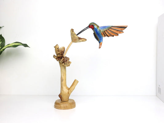 Blue Hummingbird Art Feeding on Flower, Hand-Painted Bird Ornament, Wooden Bird Statue, Wood Carving, Bird Lover Gift, Mothers Day Gift.