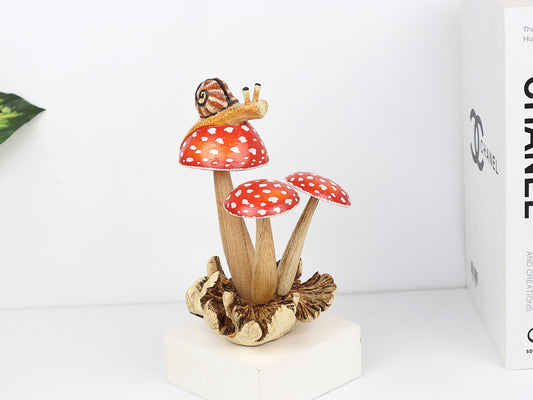 Handcrafted Wooden Red Mushroom with Snail, Charming Table Decor Accent, Wood Craving, Handmade, Art, Home Decor, Painted, Gift For Him