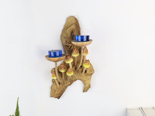 Handcrafted Wooden Yellow Mushroom Candle Holder on Driftwood | Unique Nature-Inspired Wall Hanging Home Decor | Hanging Candle Holder.