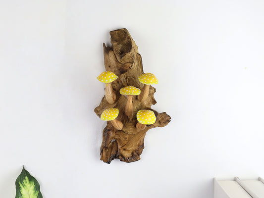 Yellow Mushroom Wall Hanging, Wooden Mushroom Deco, Hand-Painted Wall Art, Nature-inspired Home Deco, Gifts for Her, Birthday Handmade Gift