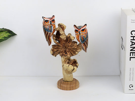 Handcrafted Wooden Owl on the Parasite Wood, Colorful, Unique, Hand-Painted Decor for Home & Office, Artisan-Crafted, Eco-Friendly Table Art