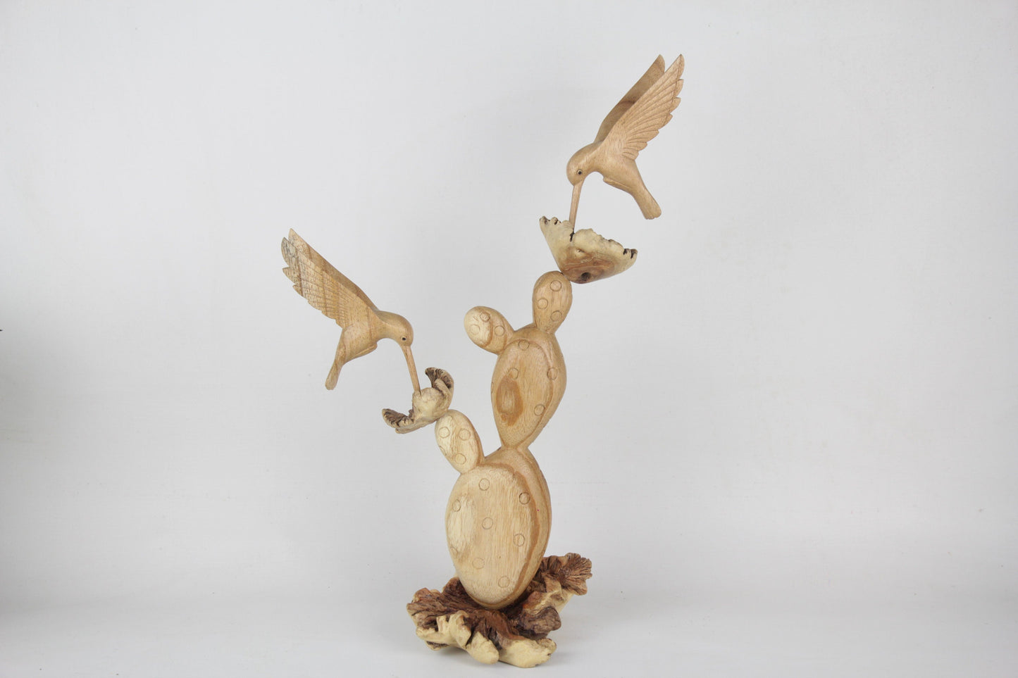 Handmade Wooden Cactus with Wooden Hummingbird