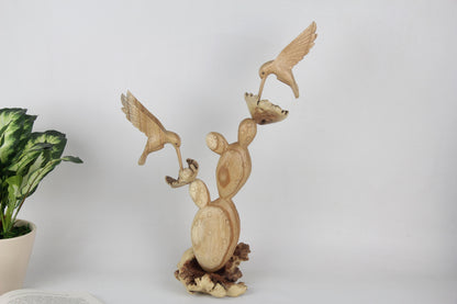 Handmade Wooden Cactus with Wooden Hummingbird